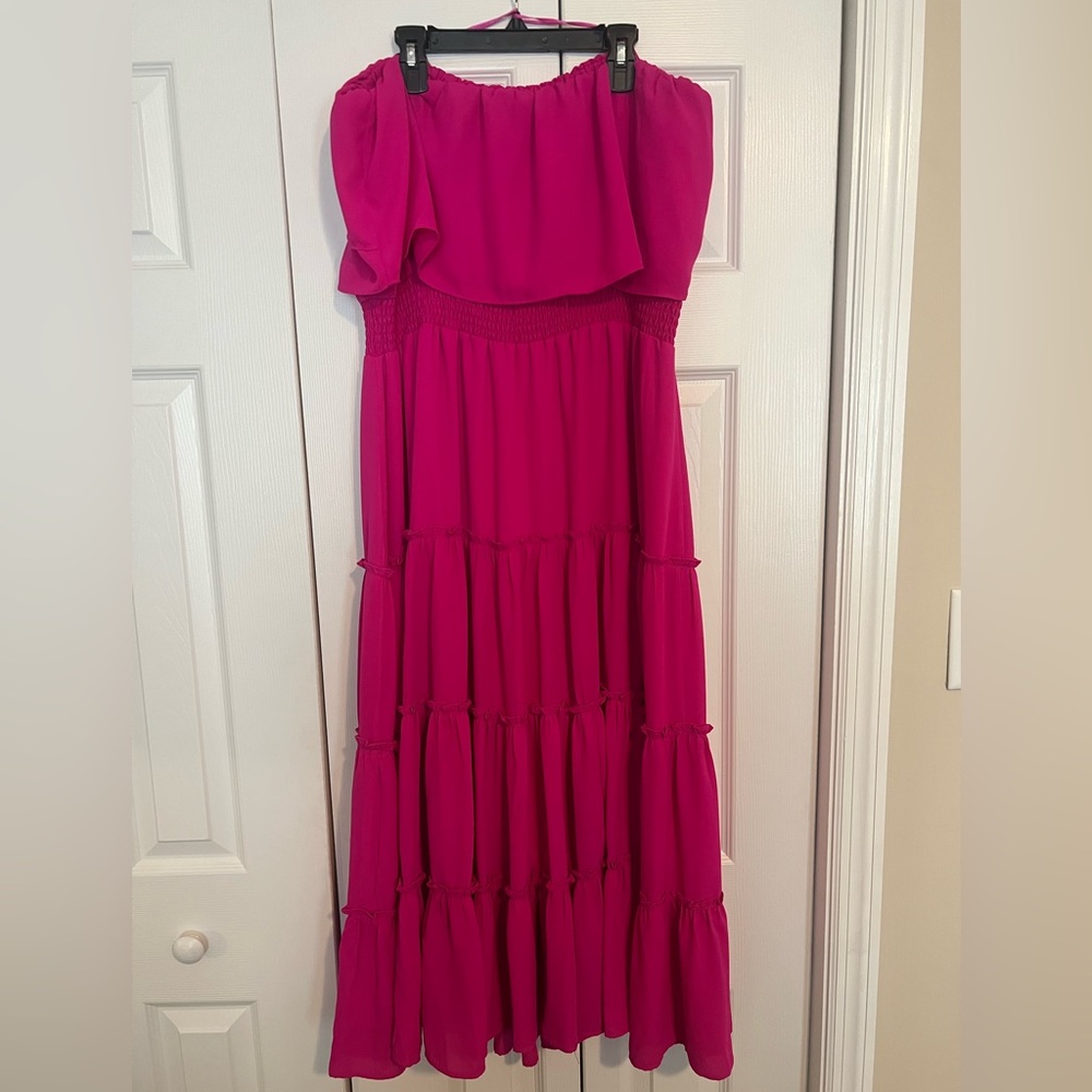 1 State - Hot Pink strapless dress with ruffle size XL midi length